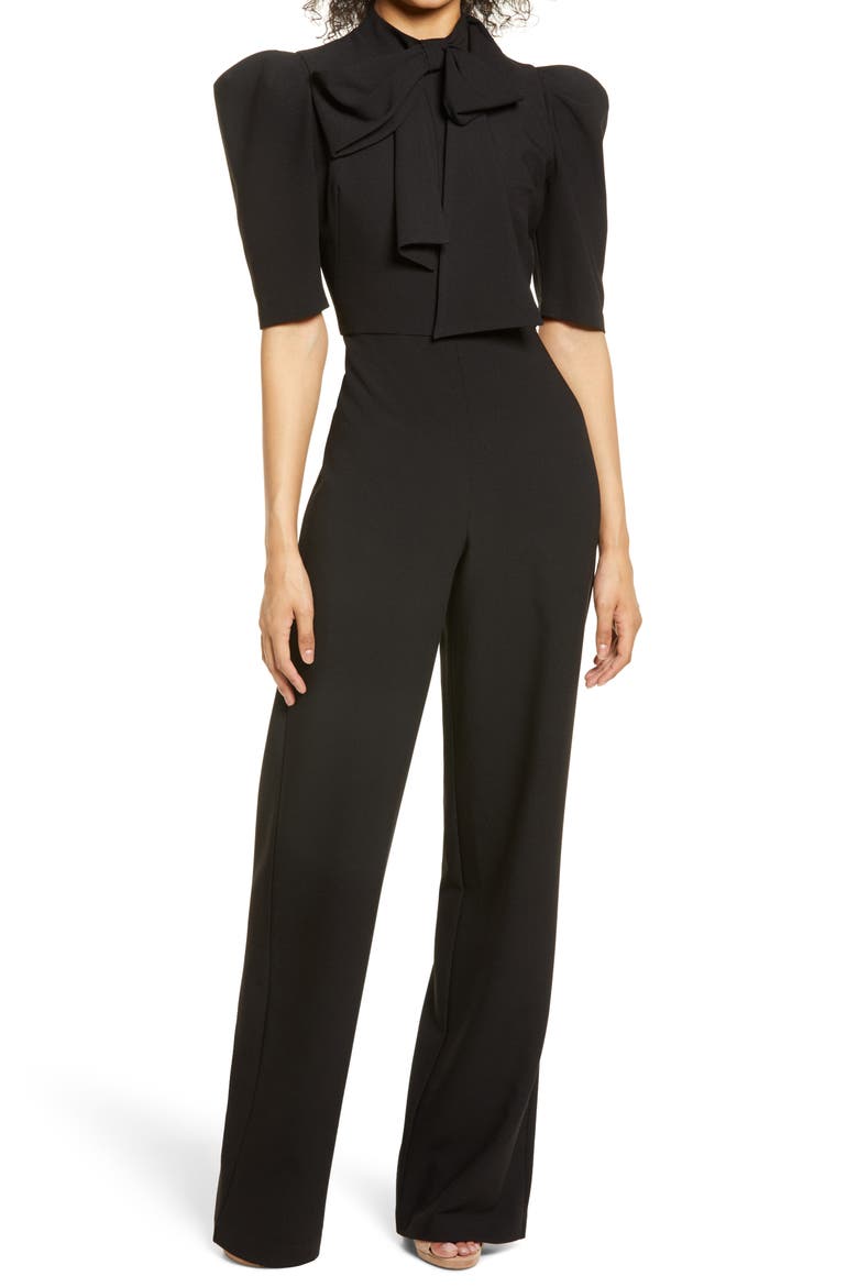 Ara Tie Neck Puff Sleeve Jumpsuit, Main, color, BLACK