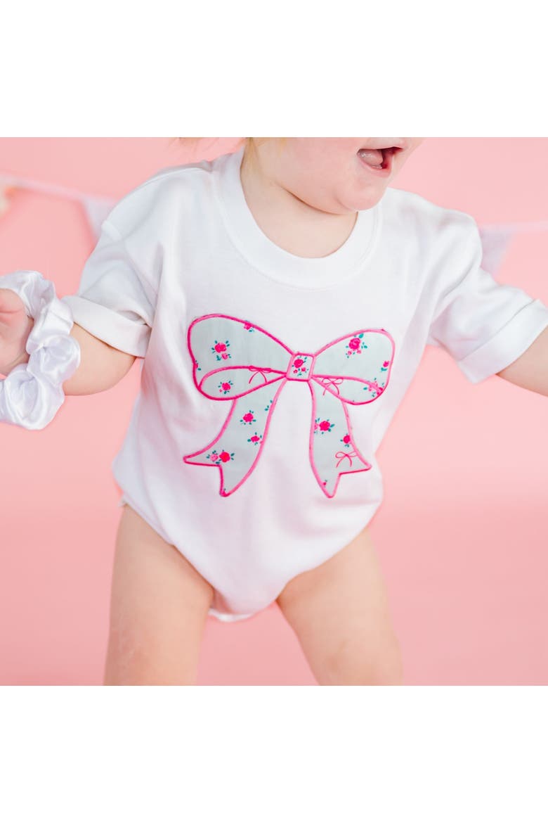 Sky Blue Floral Bow Short Sleeve Romper, Alternate, color, White