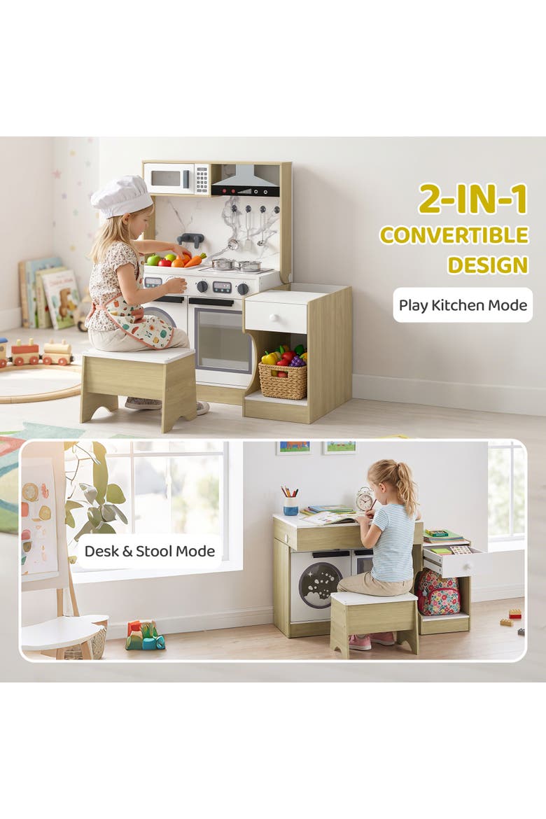 2-in-1 Kids Play Kitchen Set with Table and Chair, Sink, Oven, Cookware, Ages 3-8, Alternate, color, Natural wood finish