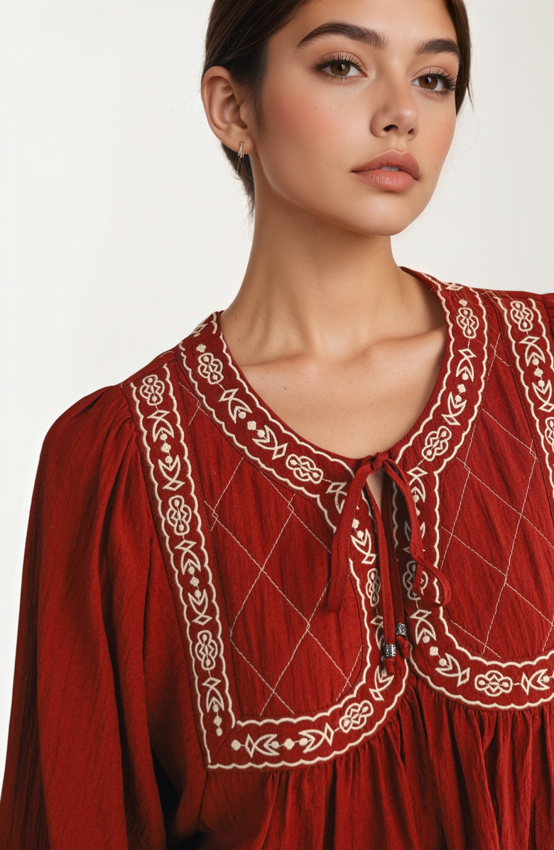 Knit and Lounge Embroidered Yoke Tie Neckline Flowy Long Sleeve Blouse, Alternate, color, 