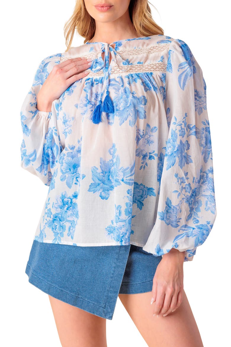 Lace Trim Split Neck Top, Main, color, IVORY BLUE