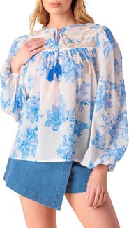 FLYING TOMATO Lace Trim Split Neck Top