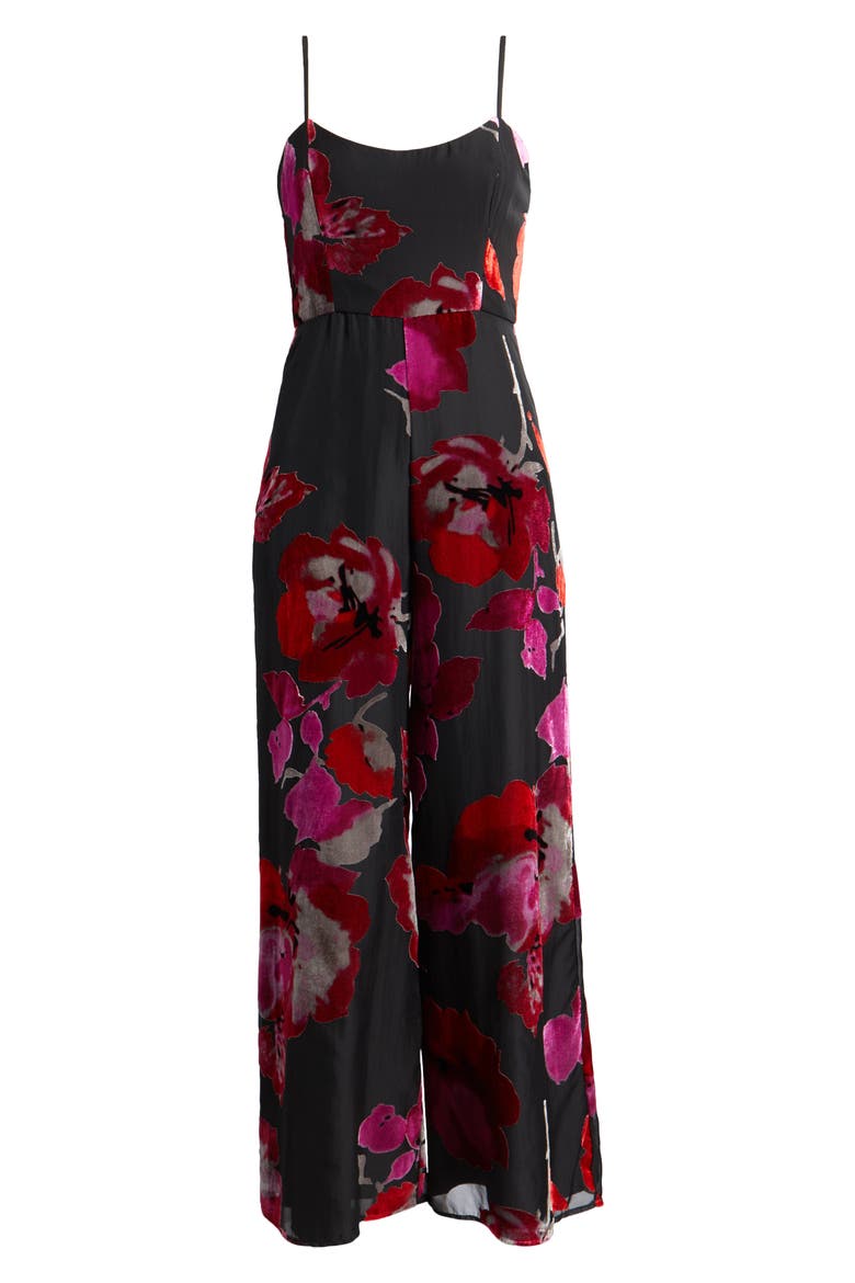 Sonnie Floral Velvet Burnout Strapless Jumpsuit, Alternate, color, BLACK FLORAL