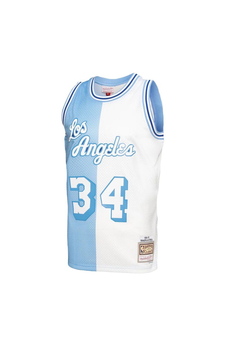 Mitchell & Ness Men's Mitchell & Ness Shaquille O'Neal Powder Blue/White Los Angeles Lakers Hardwood Classics 1996/97 Split Swingman Jersey, Alternate, color, 