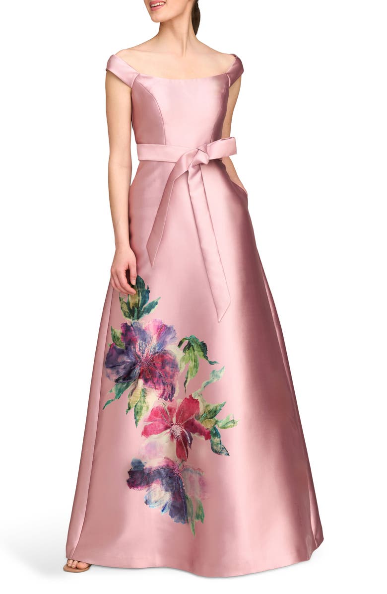 Kay Unger Kitri Placed Floral Off the Shoulder A-Line Gown, Alternate, color, 
