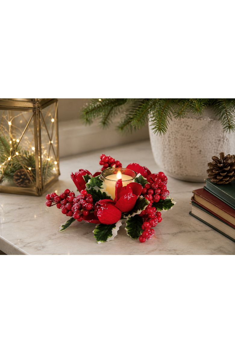 Christmas Holiday Floral Small Candle Wreath 3", Alternate, color, Red