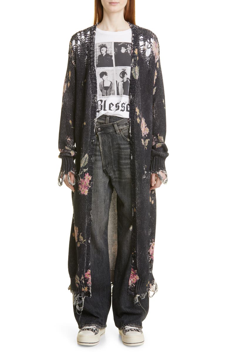 R13 Distressed Floral Long Cotton Cardigan, Main, color, 