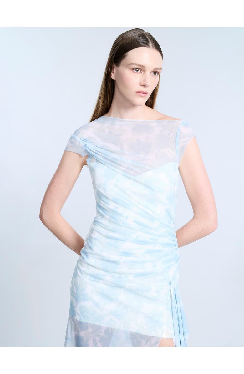 BCBGMAXAZRIA Mesh Sequin Midi Dress, Alternate, color, Sky Floral Print