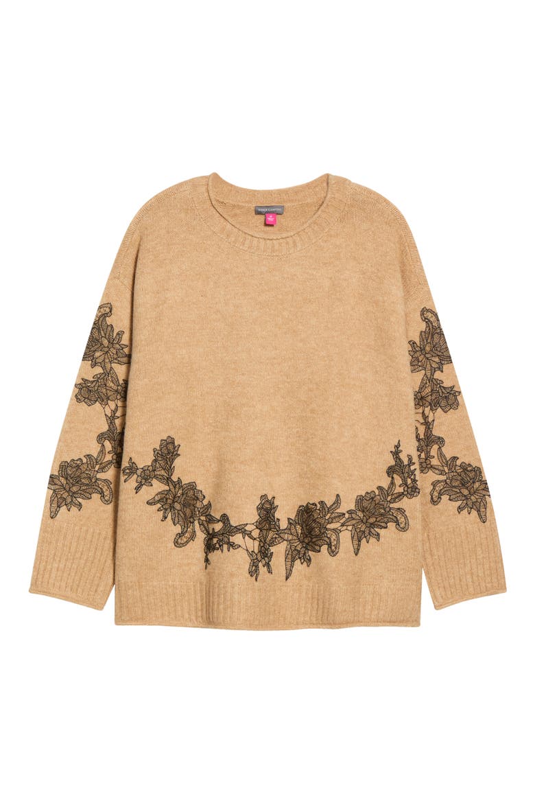 Lace Appliqué Crewneck Sweater, Main, color, LATTE HEATHER