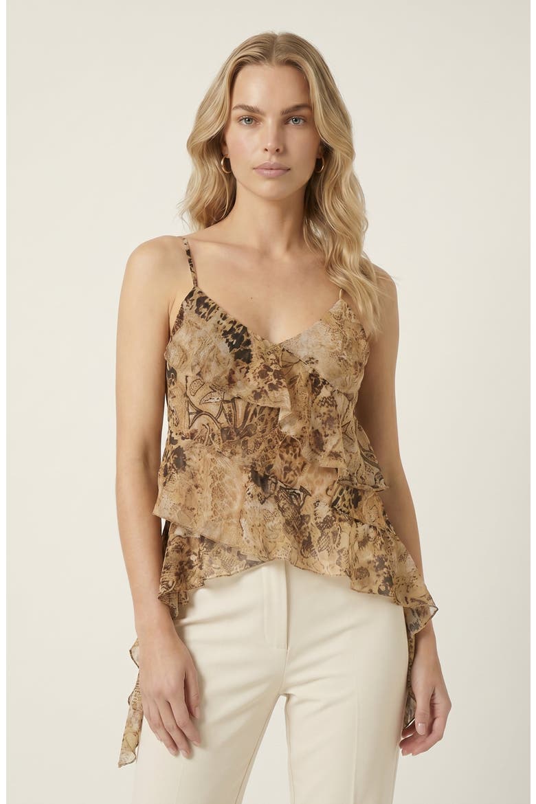 Ruffled Lightweight Layered Hem Spaghetti Strap Top, Alternate, color, Brown