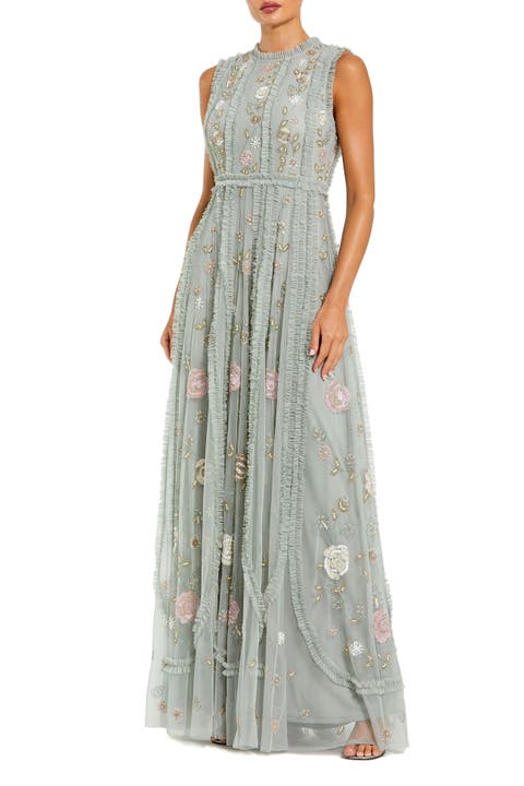 Petite Floral Embroidered Mesh A-Line Gown with Micro Ruffle Trim