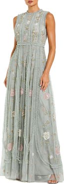 Mac Duggal Petite Floral Embroidered Mesh A-Line Gown with Micro Ruffle Trim