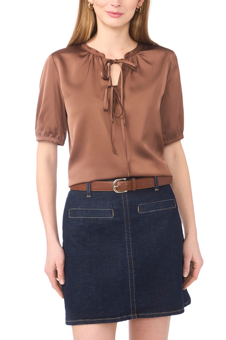 Tie Front Satin Top, Main, color, COCOA