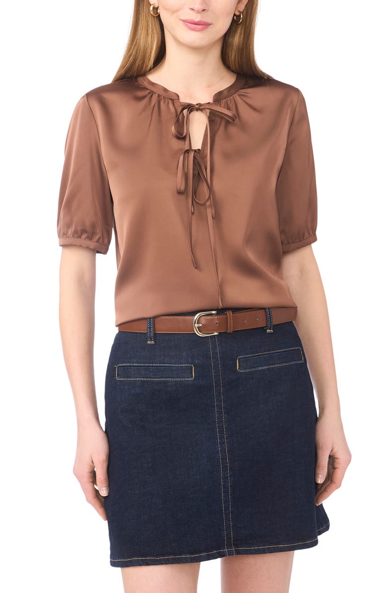 Vince Camuto Tie Front Satin Top, Main, color, Cocoa