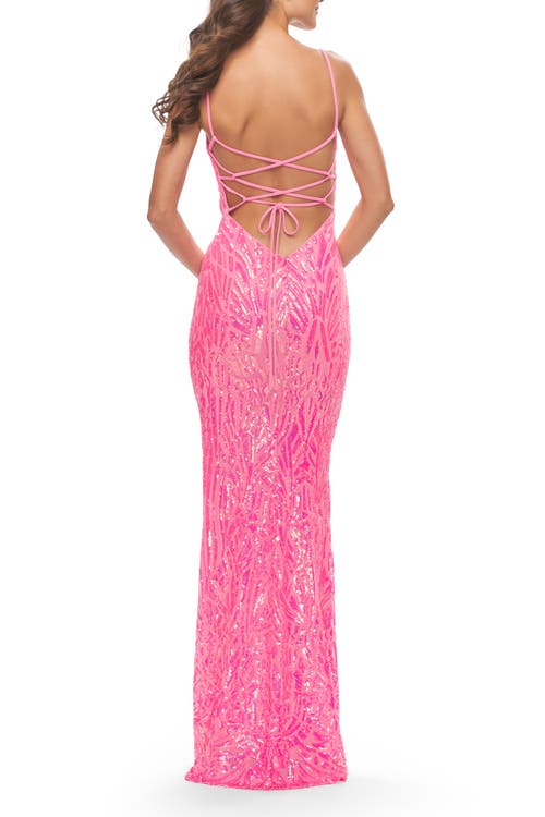 La Femme Gorgeous Print Sequin Dress With Lace Up Back In Neon Pink