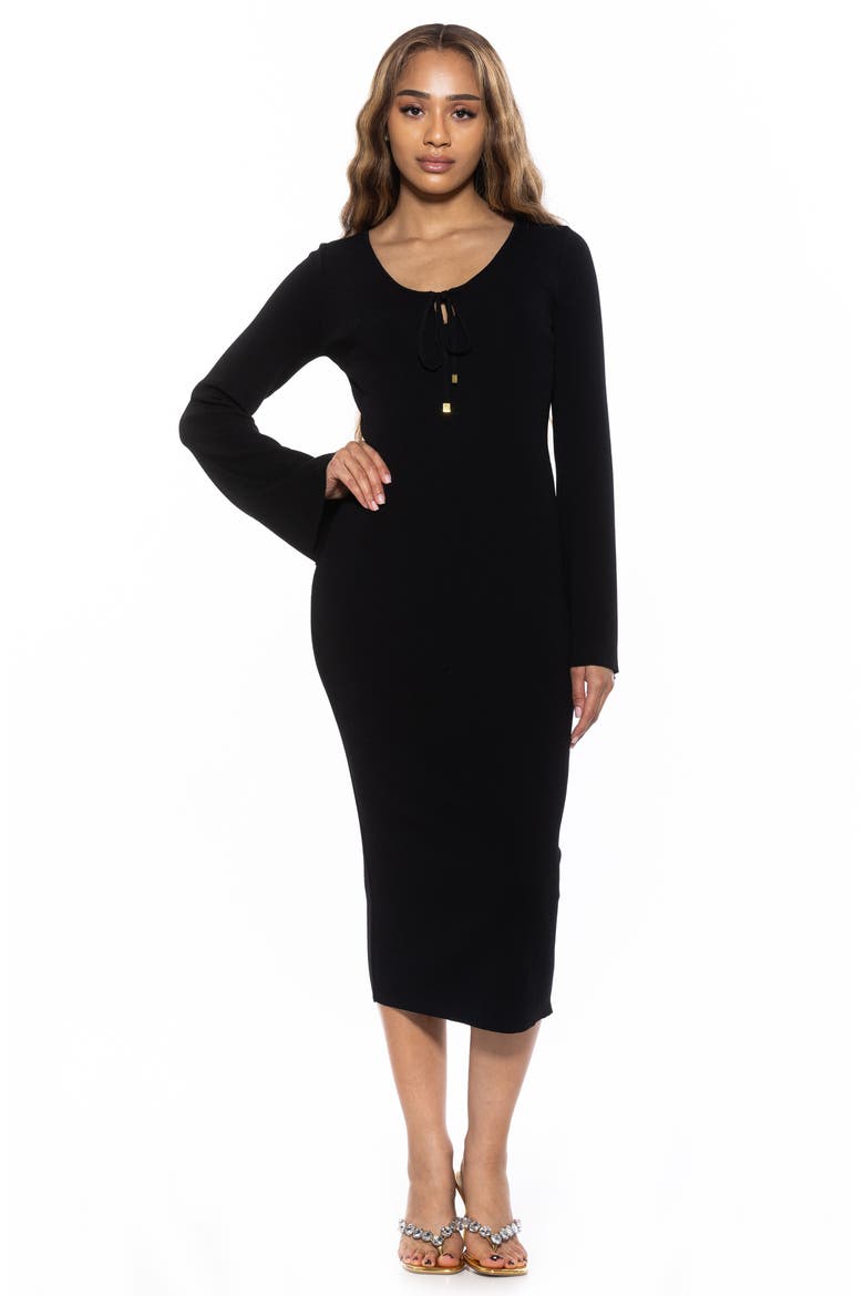 Akari Tie Front Knit Midi Dress, Alternate, color, BLACK