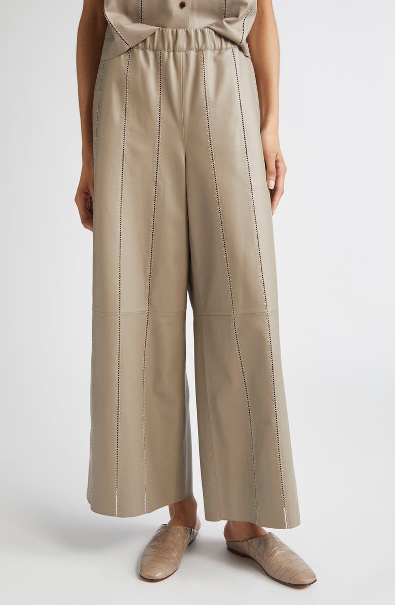 Lafayette 148 New York Riverside Ladder Stitch Lambskin Leather Ankle Pants, Main, color, 