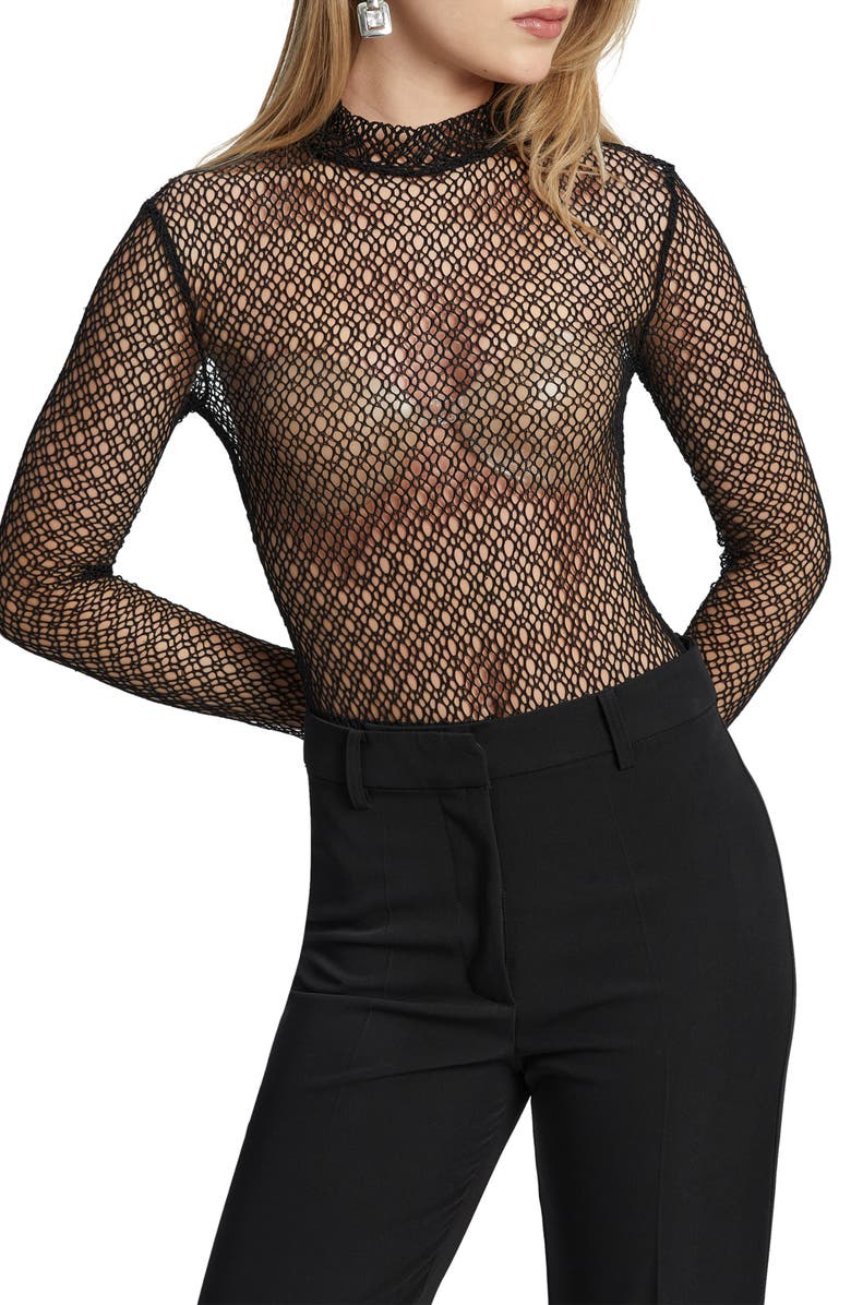 Bardot Aubree Sheer Lace Mock Neck Bodysuit, Main, color, 