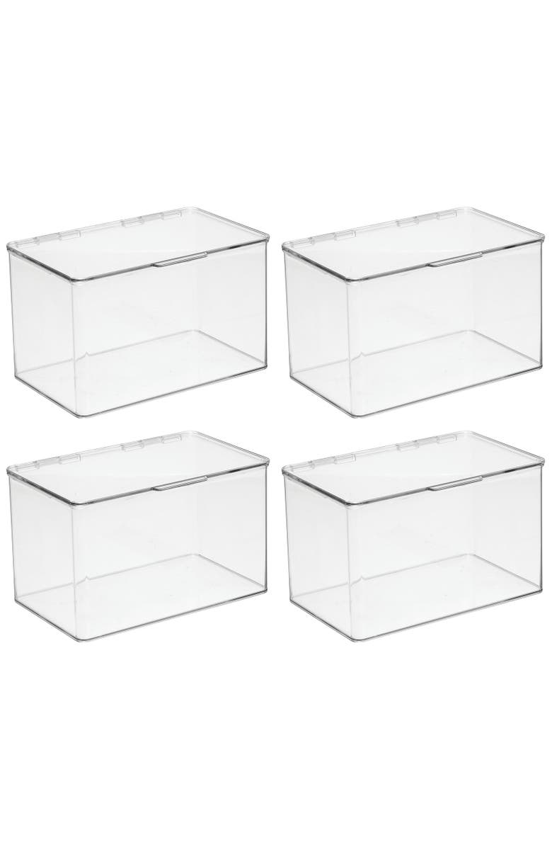 mDesign Plastic Bath Stacking Storage Organizer Box, Hinged Lid, 4 Pack, Alternate, color, Clear