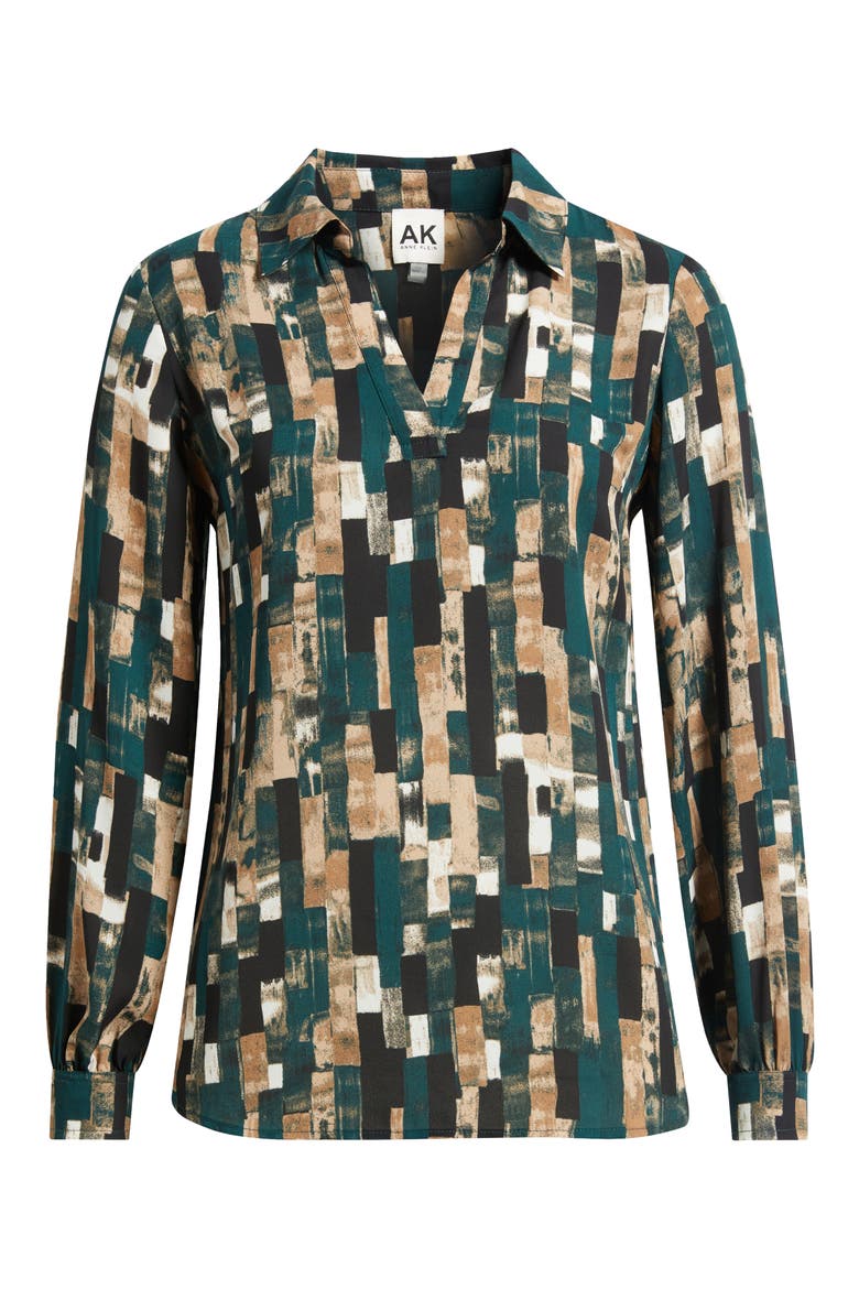 Geo Print Collared Popover Shirt, Alternate, color, ANNE BLACK/ PINE FOREST MULTI