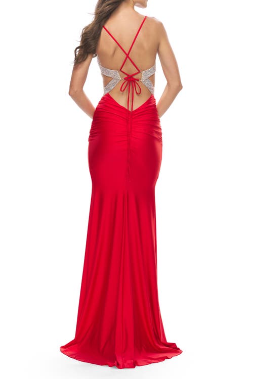 La Femme Ruched Gown With Rhinestone Bodice And Side Cutouts In Red