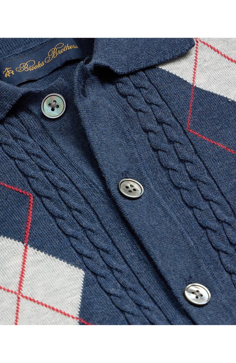 Brooks Brothers Collared Short Sleeve Argyle Cotton Cardigan, Alternate, color, Navy Multi Argyle
