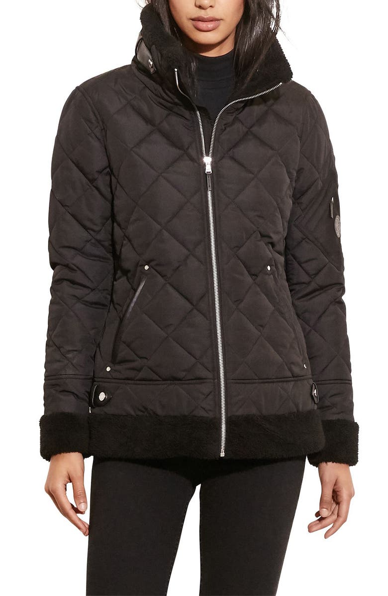 Lauren Ralph Lauren Faux Shearling Trim Quilted Bomber Jacket, Main, color, 