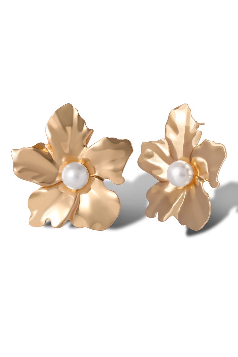 Flower Earrings with Pearl Center, Alternate, color, Gold