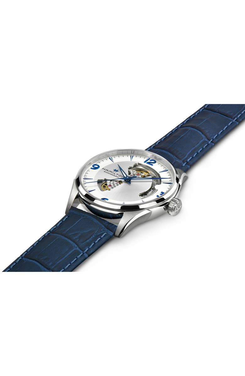 Hamilton Jazzmaster Skeleton Leather Strap Watch, 42mm, Alternate, color, Blue