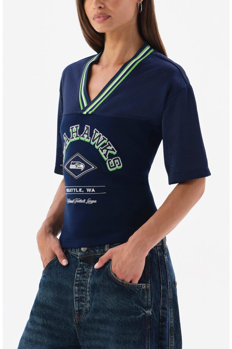 San Francisco 49ers Graphic V-Neck Lace Back T-Shirt, Alternate, color, NAVY GREEN