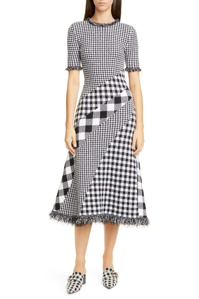 Mixed Gingham Tweed Knit Dress, Main, color, BLACK/ WHITE