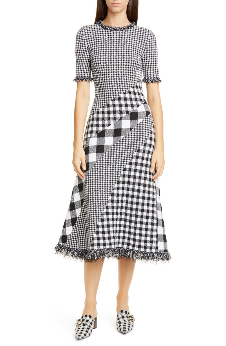Oscar de la Renta Mixed Gingham Tweed Knit Dress, Main, color, 