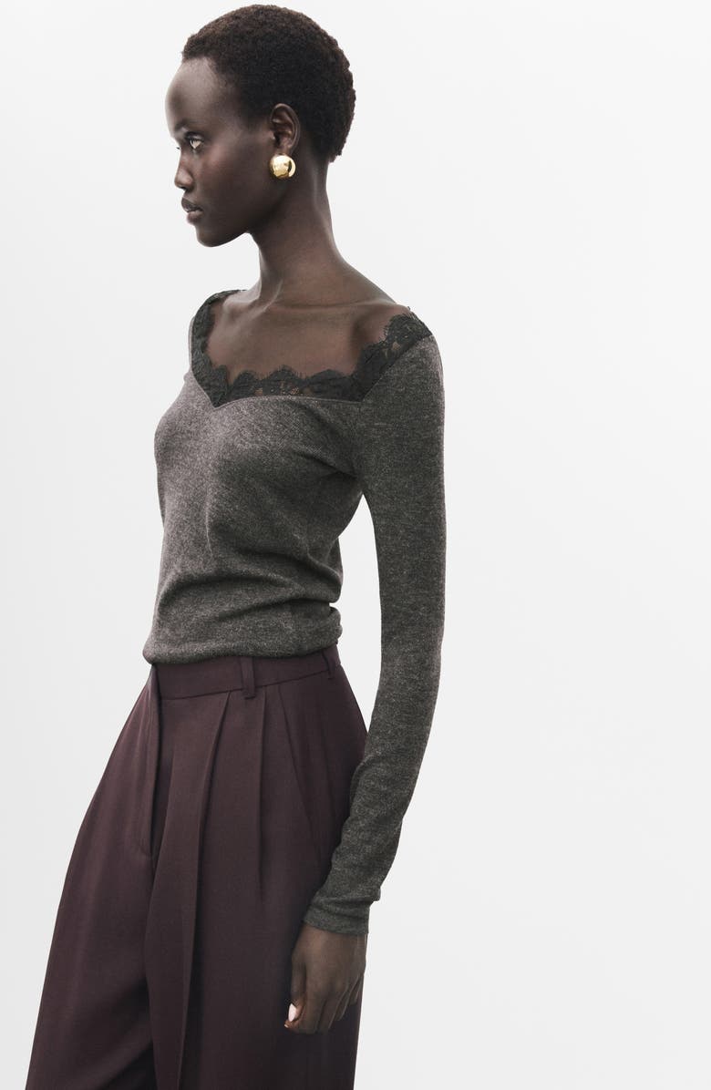 MANGO Lace Trim Long Sleeve Top, Alternate, color, Medium Heather Grey