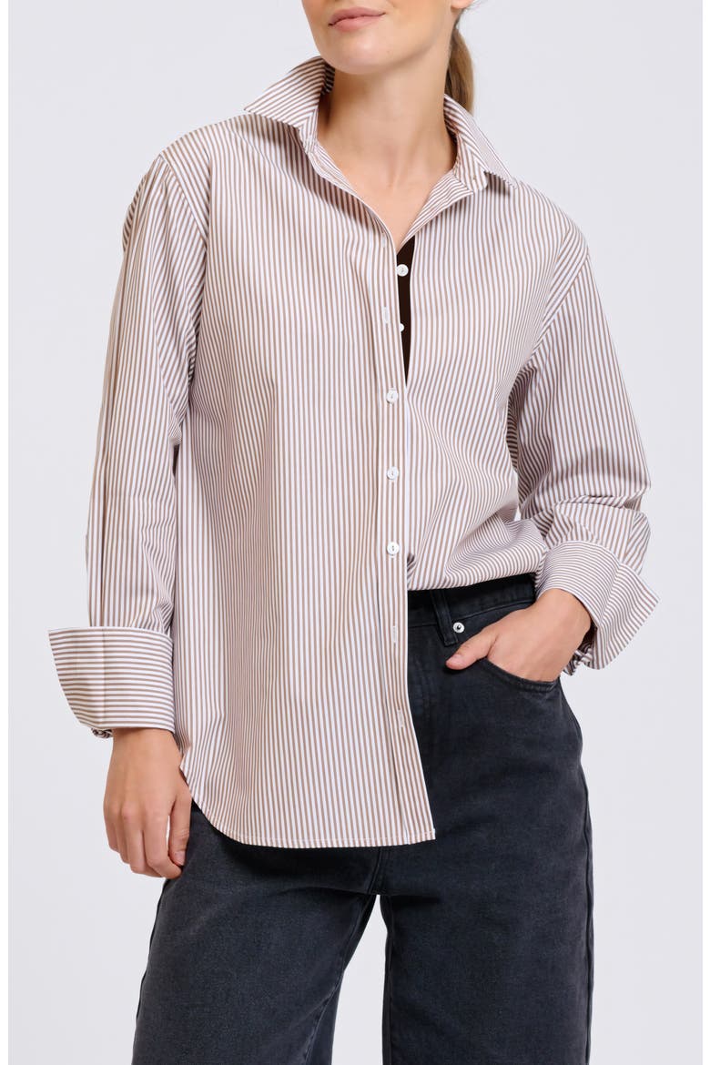 Elodie Stripe Cotton Button-Up Shirt, Alternate, color, CHOCOLATE STRIPE