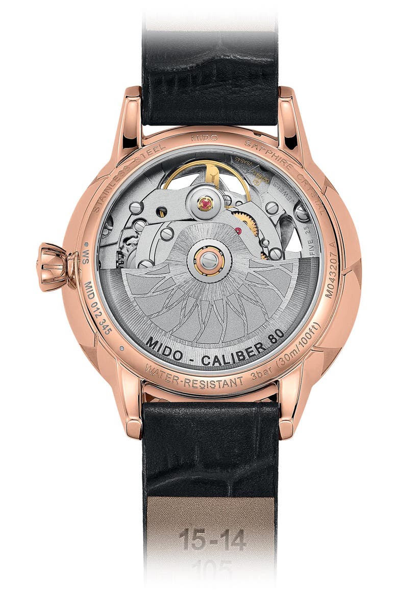 Rainflower Blossom Skeleton Automatic Leather Strap Watch, 34mm, Alternate, color, WHITE MOTHER OF PEARL
