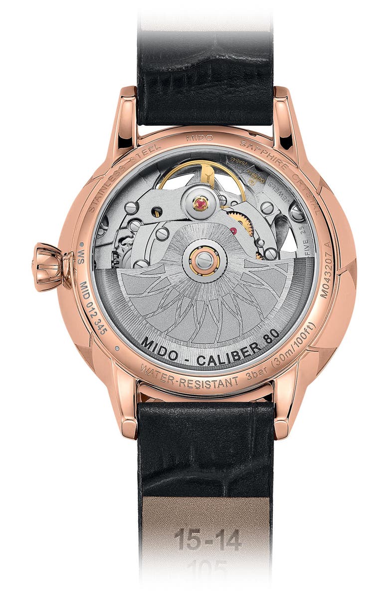 MIDO Rainflower Blossom Skeleton Automatic Leather Strap Watch, 34mm, Alternate, color, White Mother Of Pearl