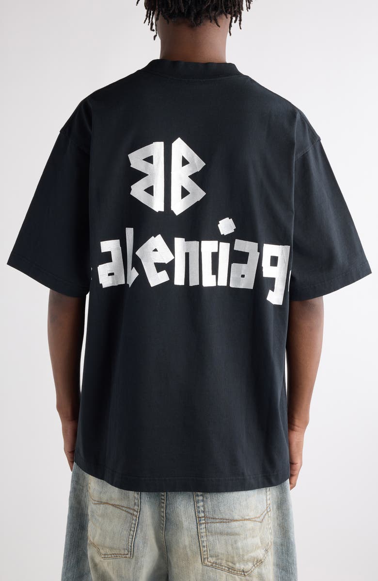Balenciaga Distressed Tape Logo Cotton T-Shirt, Alternate, color, Faded Black/ Silver