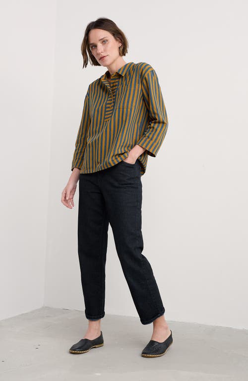 Seasalt Cornwall Oak Leaf Stripe Organic Cotton Half Placket Shirt In Blue