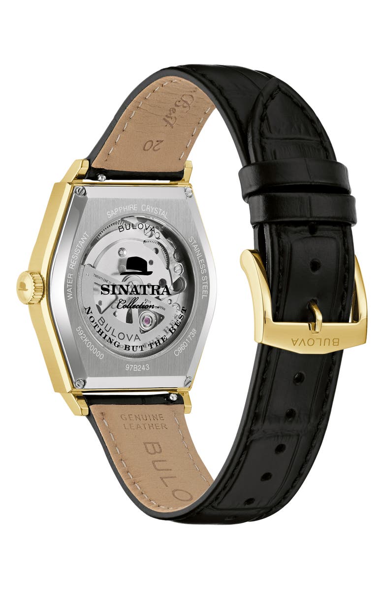 BULOVA Frank Sinatra 'Nothing but the Best' Automatic Leather Strap Watch, 37mm, Alternate, color, Black