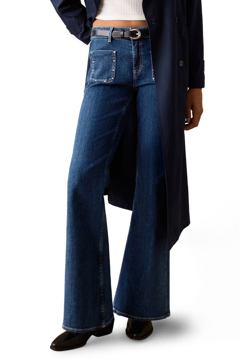Studded Patch Pocket Flare Jeans, Main, color, DARK BLUE