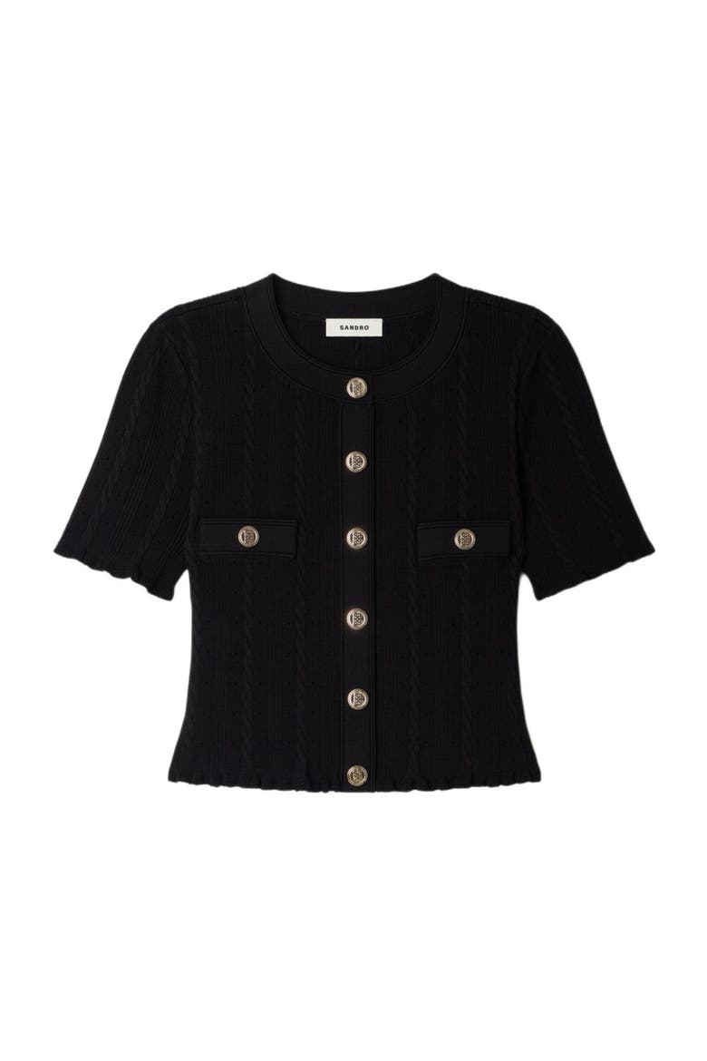 Cropped pointelle knit cardigan, Alternate, color, Black
