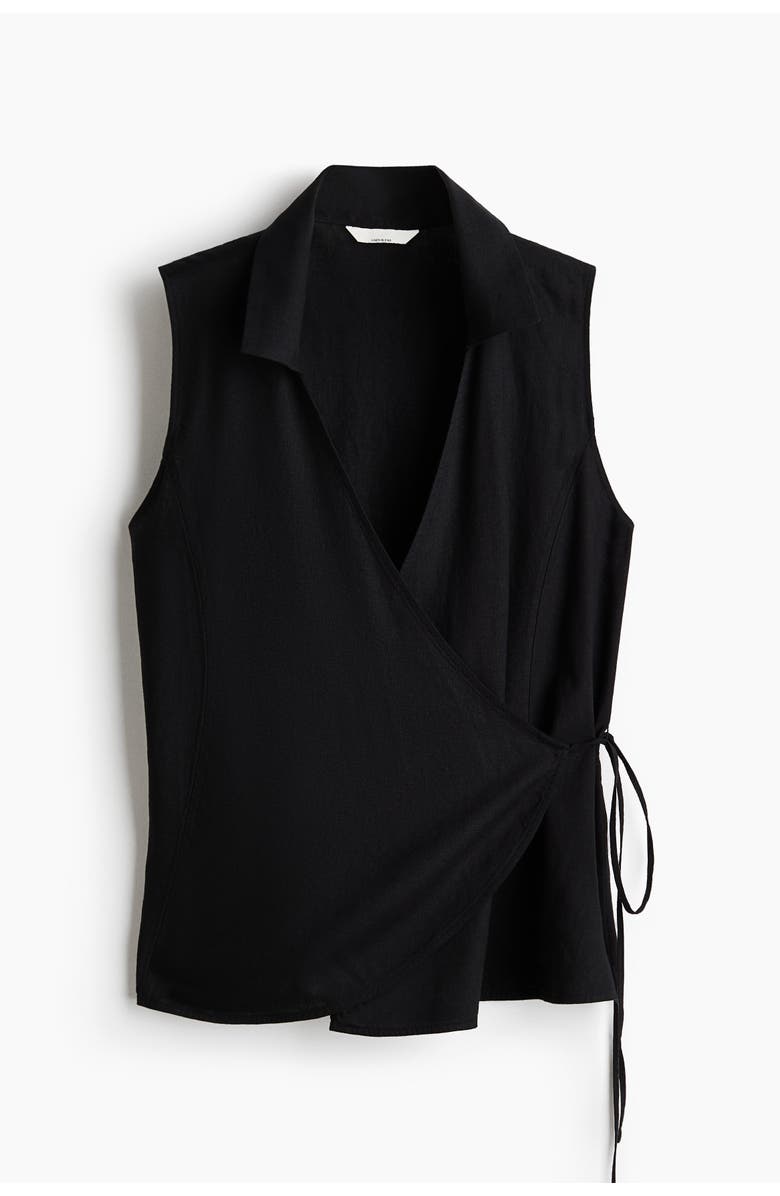 H&M Linen-blend Wrap Top, Main, color, Black