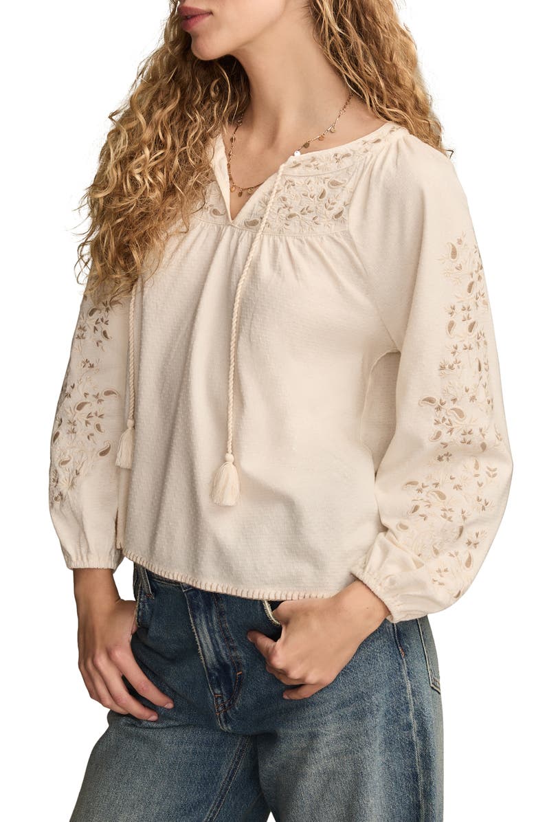 Lucky Brand Embroidered Peasant Top, Alternate, color, Whisper White