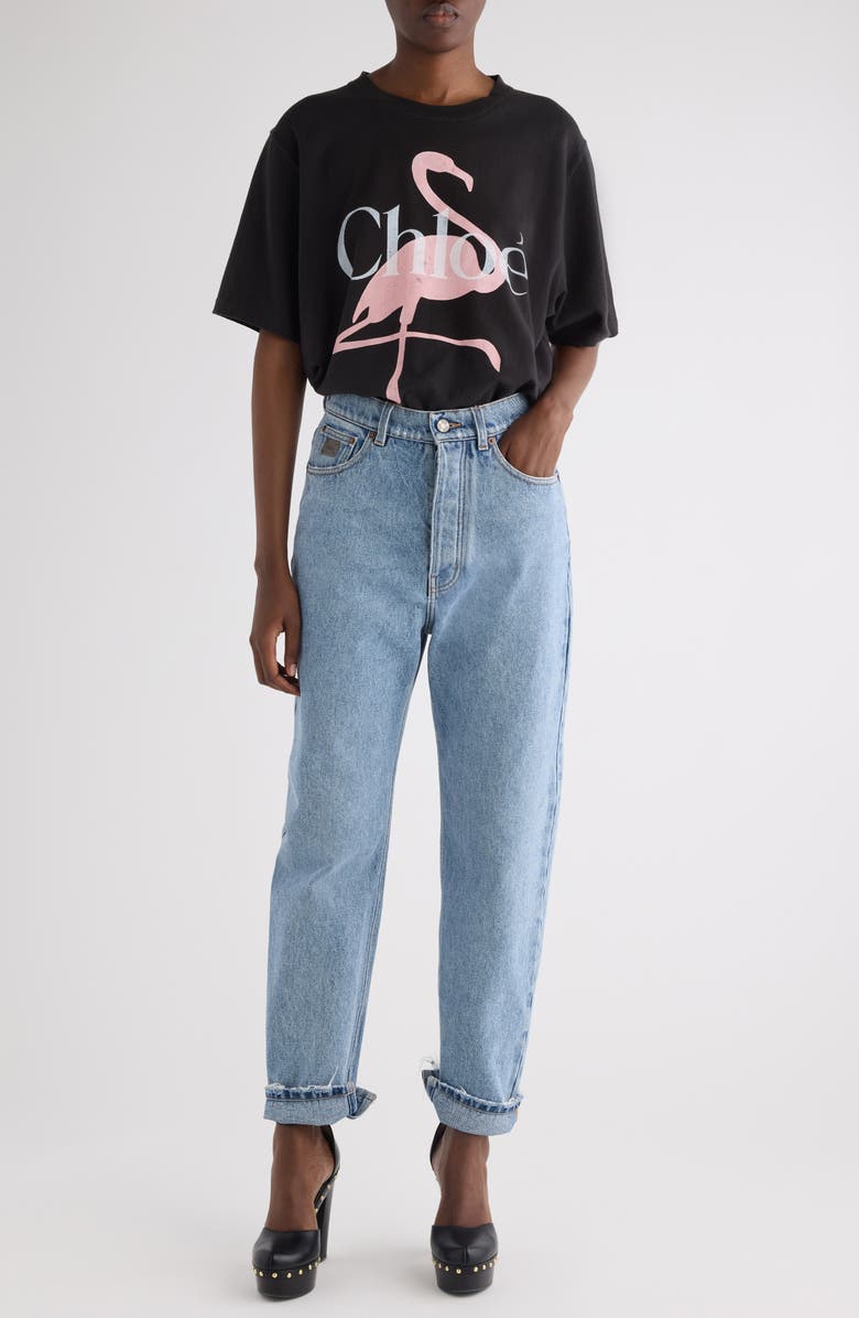 Chloé Flamingo Organic Cotton Graphic T-Shirt, Alternate, color, Ash Black