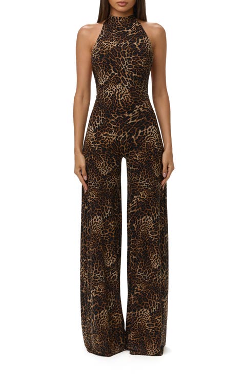 Leopard Print Wide Leg Halter Jumpsuit