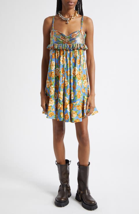 Floral Chain Mail Bodice Babydoll Dress