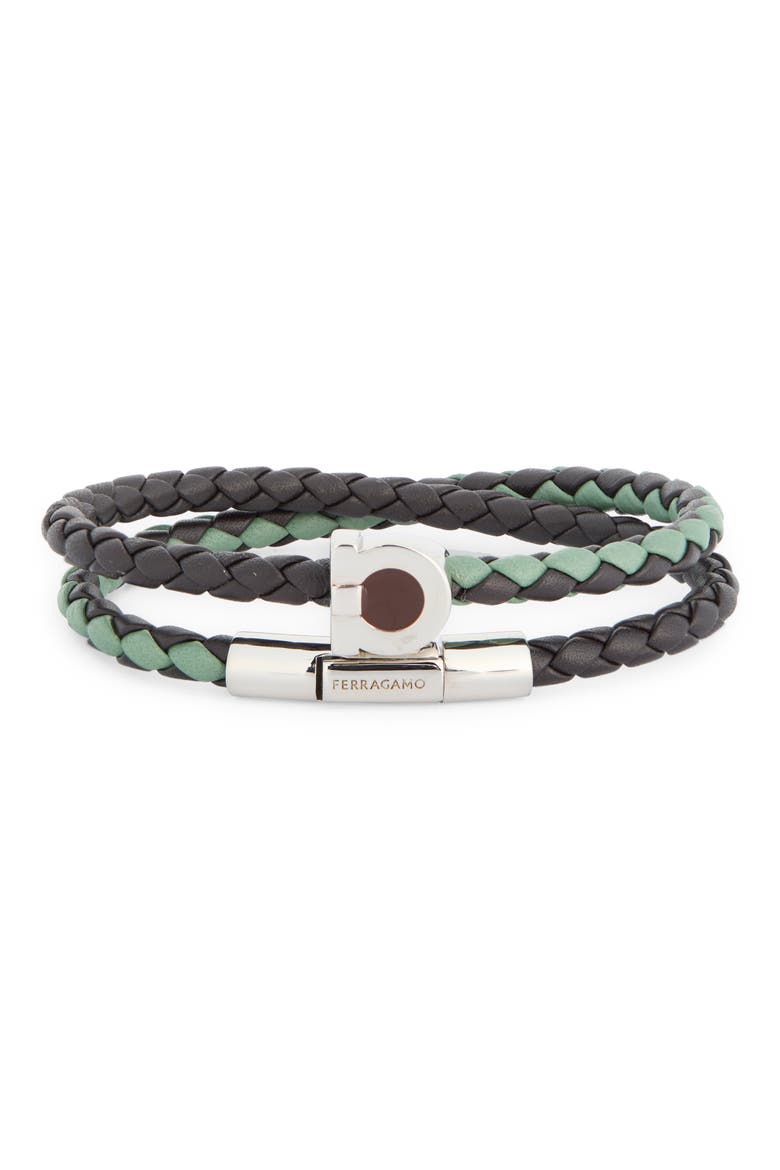Men's Gancio Braided Leather Wrap Bracelet, Main, color, SILVER/TESTA DI MORO/SEAGRASS