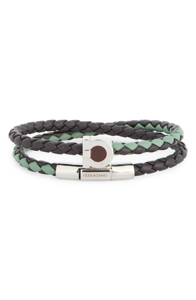 FERRAGAMO Men
s Gancio Braided Leather Wrap Bracelet, Main, color, Silver/Testa Di Moro/Seagrass