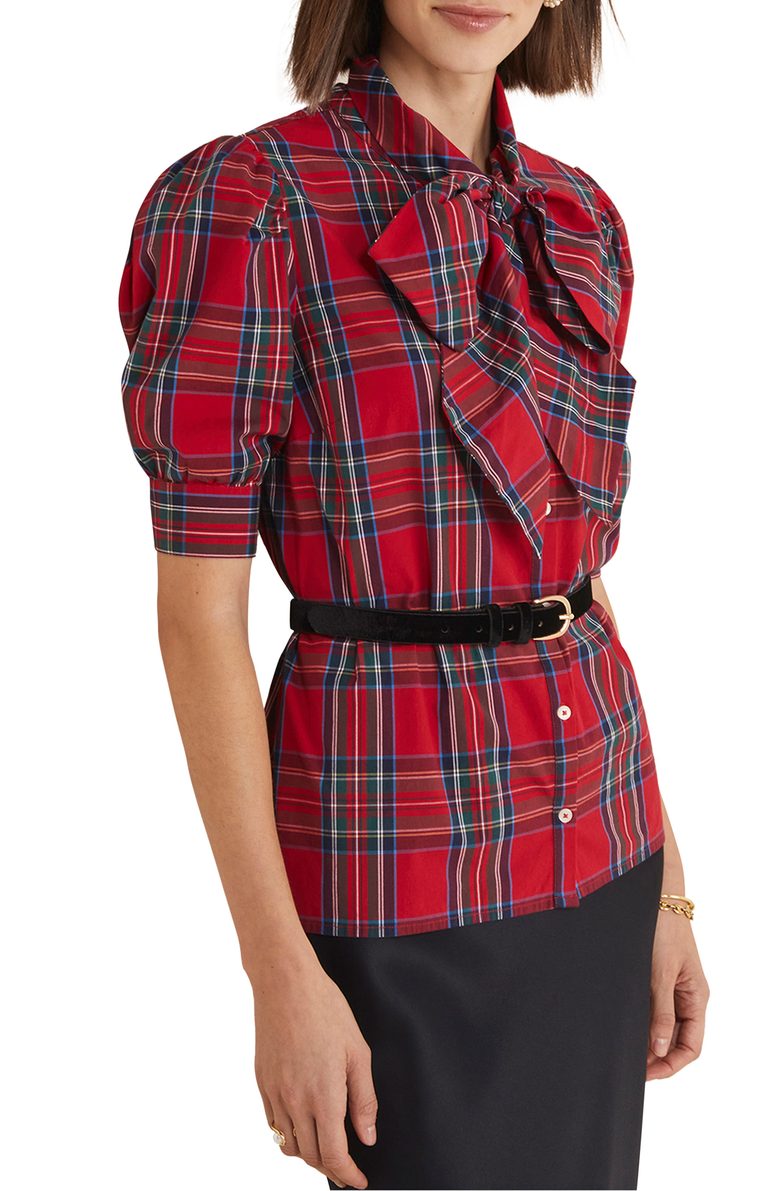 Plaid Bow Neck Stretch Cotton Poplin Button-Up Shirt - image 1