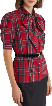 vineyard vines Plaid Bow Neck Stretch Cotton Poplin Button-Up Shirt